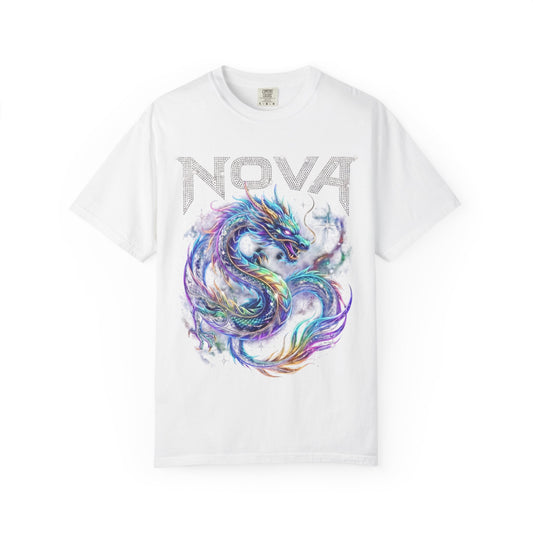 Retro Y2K Nova Celestial Dragon Graphic Tee - Comfort Colors 1717 Heavyweight Glistening Rhinestone Font Cosmic Aesthetic Streetwear T-Shirt