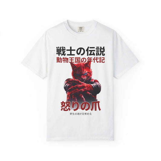 Furious Cat Warrior Graphic Tee | Dark Aesthetic Japanese Streetwear Shirts for Men & Women | Vintage Manga Heavyweight Comfort Colors 1717 T-Shirt