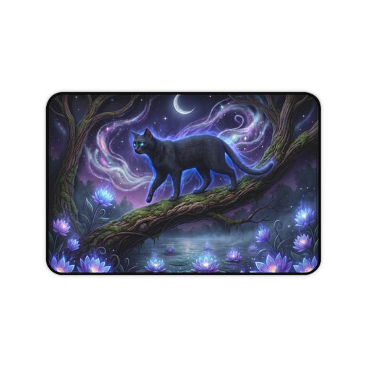 Mystical Black Cat Desk Pad, Dark Academia Gaming Mouse Mat, Celestial Cat Keyboard Mat, Cute Witchy Desk Organizer Decor, Custom Desk Mat