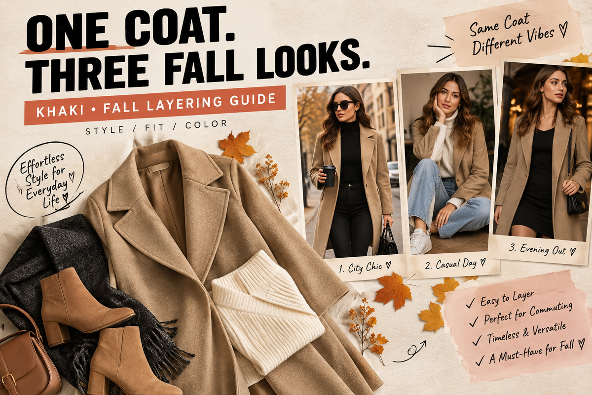 AI-generated editorial fall styling collage with three conceptual khaki coat looks; the exact Shopify coat is shown in authentic product images inside the article