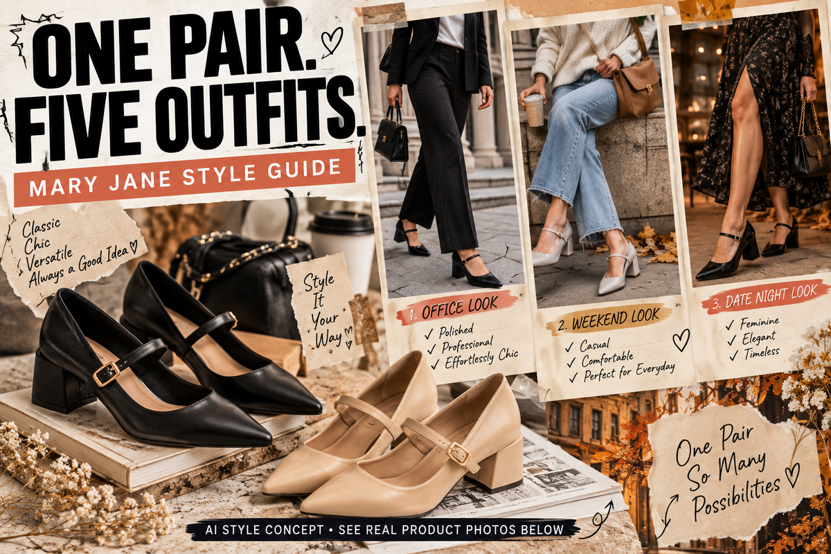 AI-generated editorial Mary Jane outfit moodboard in black and beige with five styling ideas; exact product is pictured separately
