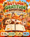 Autumn Gratitude Adventure, illustrated 28-day gratitude printable kids journal cover with woodland animals