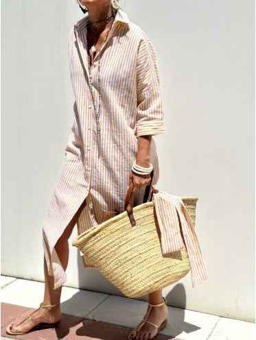 Orange Striped Shirt Dress with Waist Belt & Lapel Collar