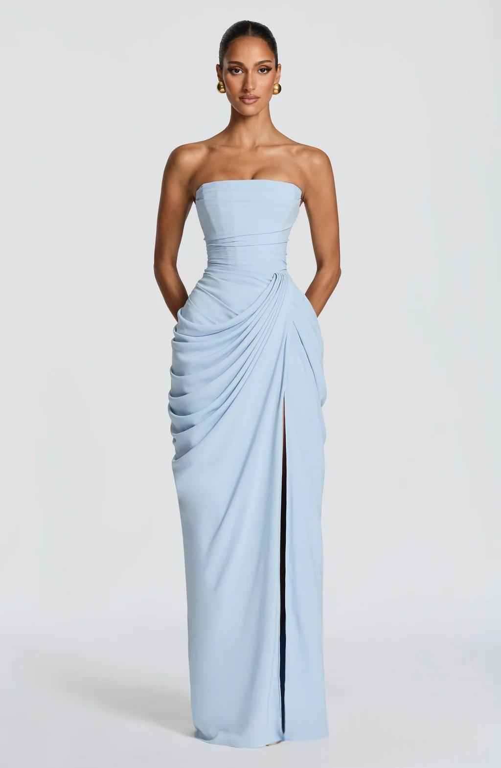 French Style Strapless Pleated Slit Dress - Elegant Evening Gown for Summer Parties & Weddings