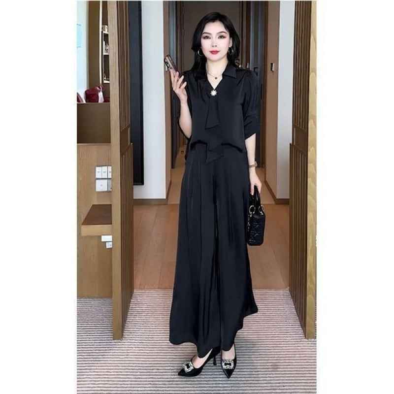 Chic 3D Effect Chiffon Top & Wide-Leg Pants Set - Urban Elegance