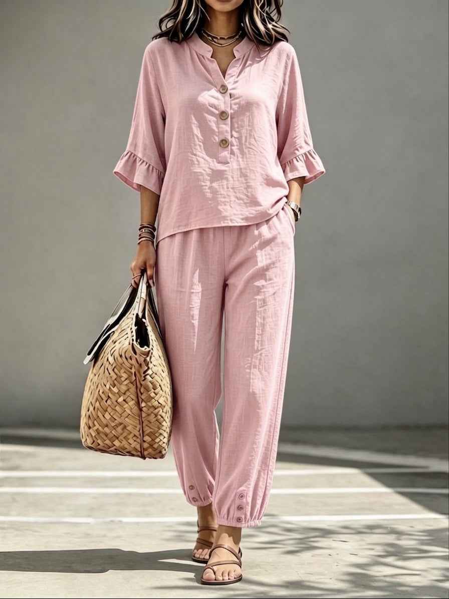 Women's Retro V-Neck Top & Cropped Wide Leg Trousers Set, Casual Button Three-Quarter Sleeve Office Suit