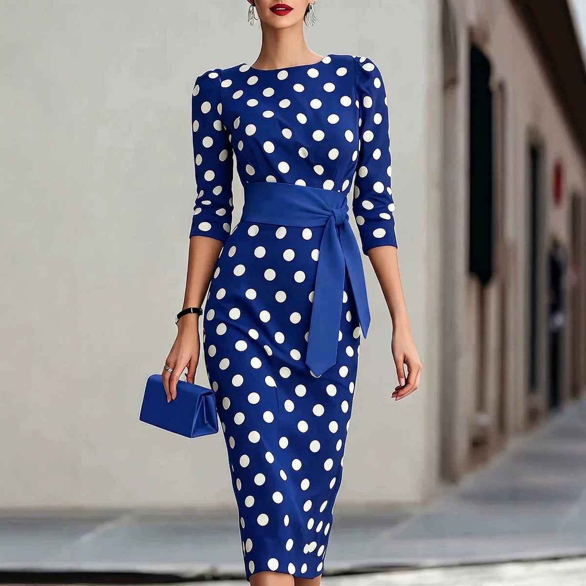Elegant Polka Dot Midi Dress with Waist Belt - Formal & Office Wear