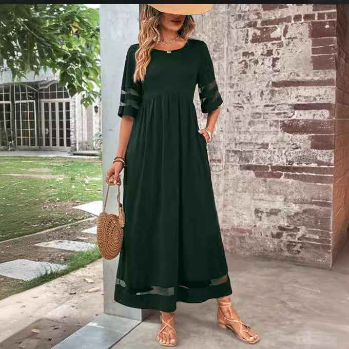 Patchwork Round Neck Mesh Pocket Skirt - Fashionable Casual Wear
