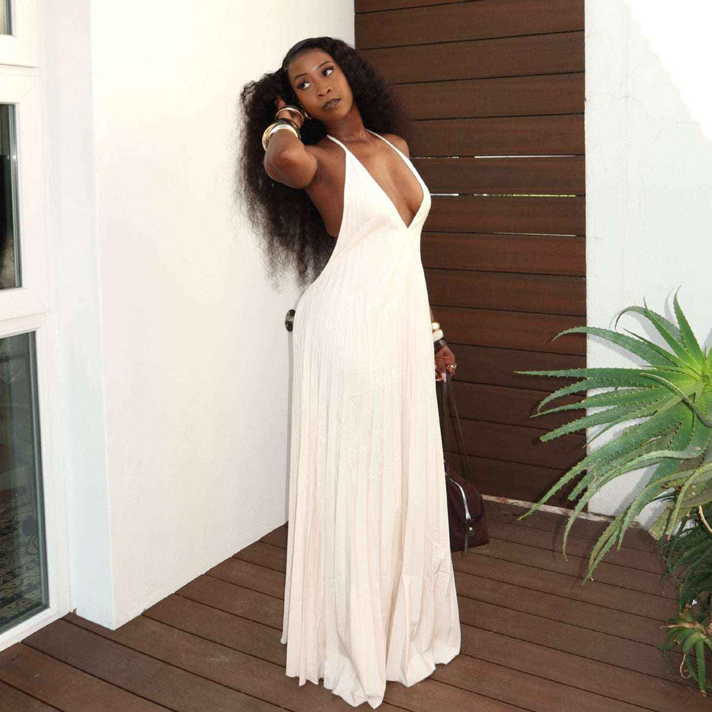 Elegant V-Neck Halter Maxi Slip Dress Ivory White