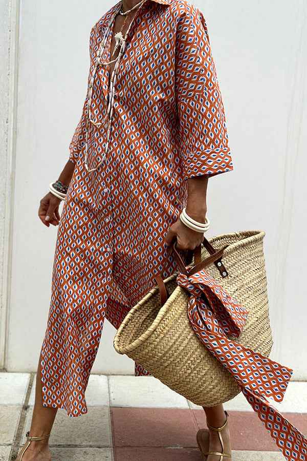 Orange Striped Shirt Dress with Waist Belt & Lapel Collar