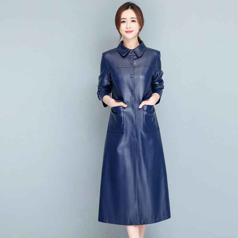 Ladies Fashion Thin Leather Trench Coat Coat