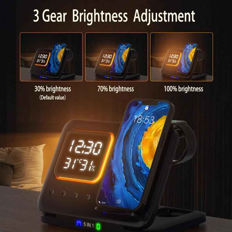 15W Wireless Charging Stand 5-in-1 Alarm Clock: Multi-Device Fast Charger