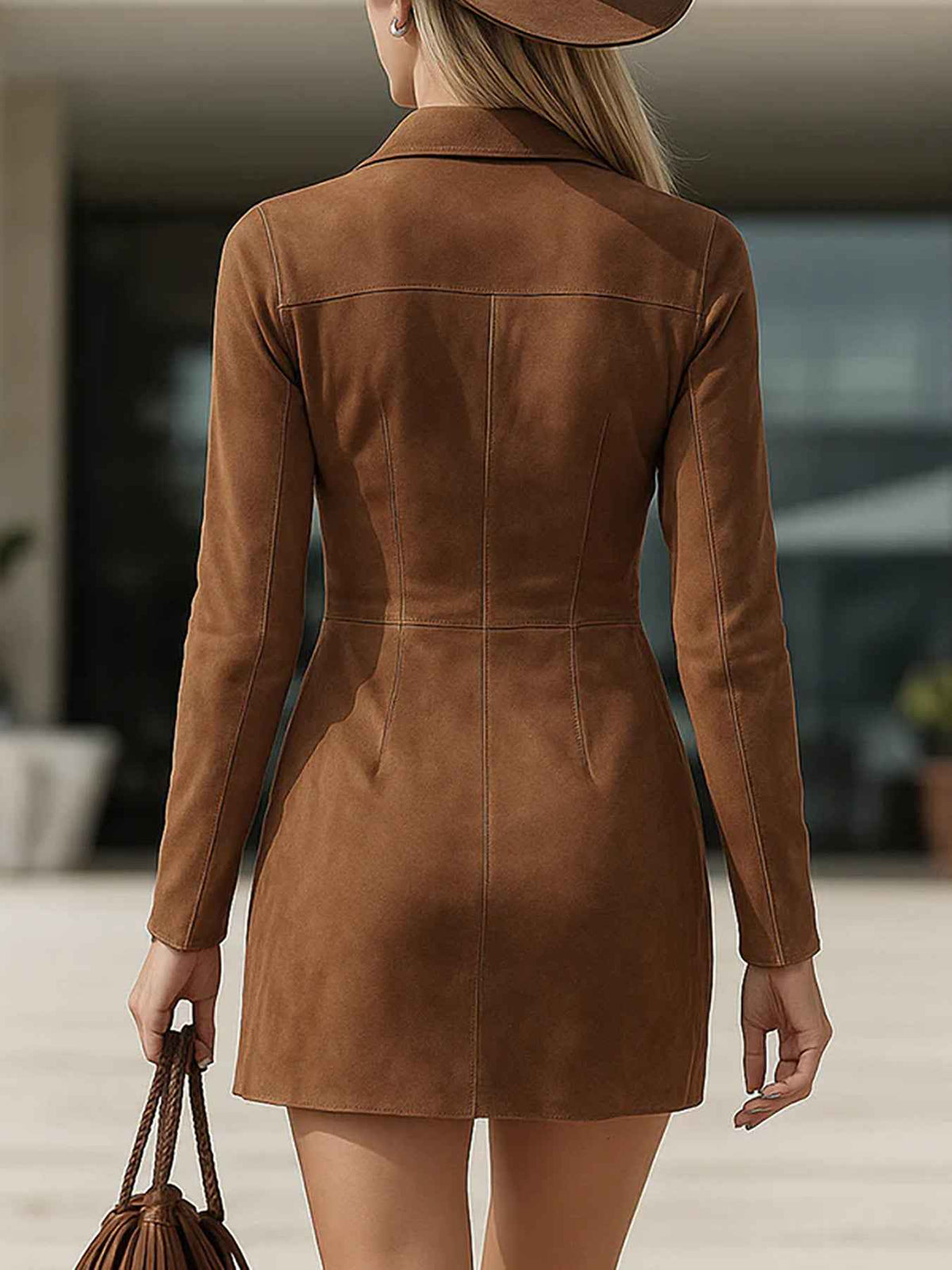 Womens Suede Fringe Long Sleeve Dress, Western Cowboy Style Midi
