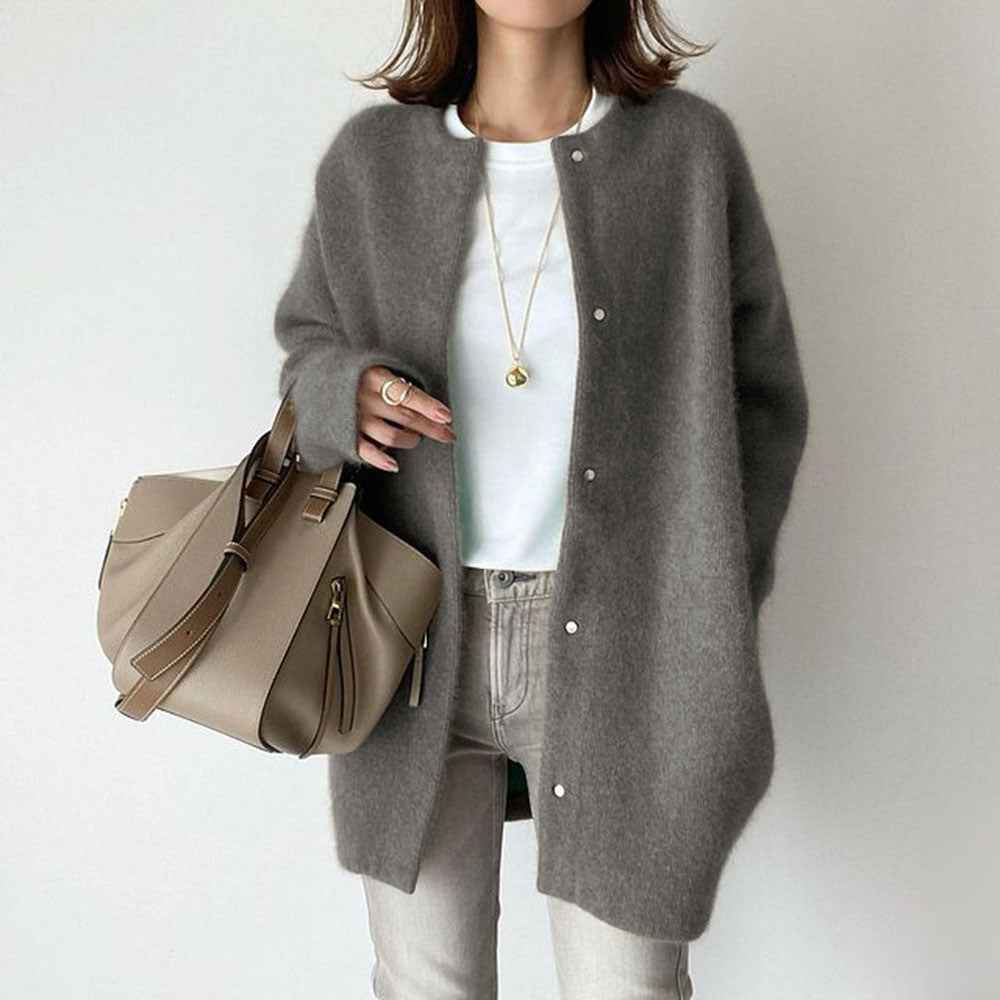Stylish Loose Round Neck Cardigan - Solid Color Women's Coat for Autumn & Winter