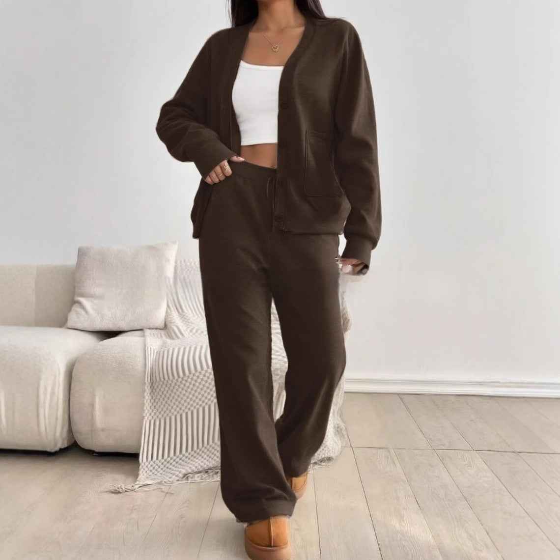 Women's Solid Color Cardigan & Wide Leg Pants Set - Effortless Chic Summer Casual Suit