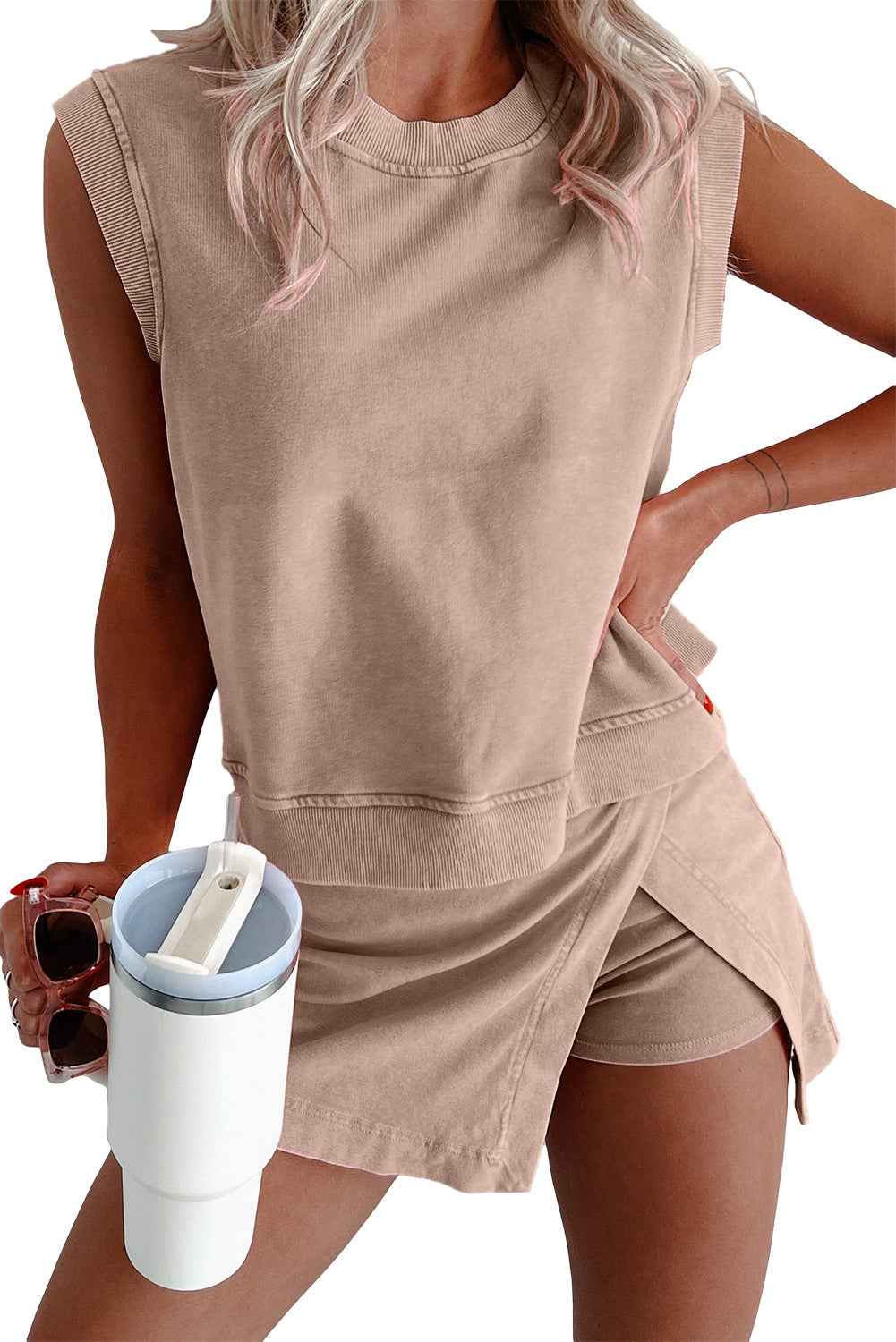Women Solid Color Fashion Casual Set, British Style Skirt + Top