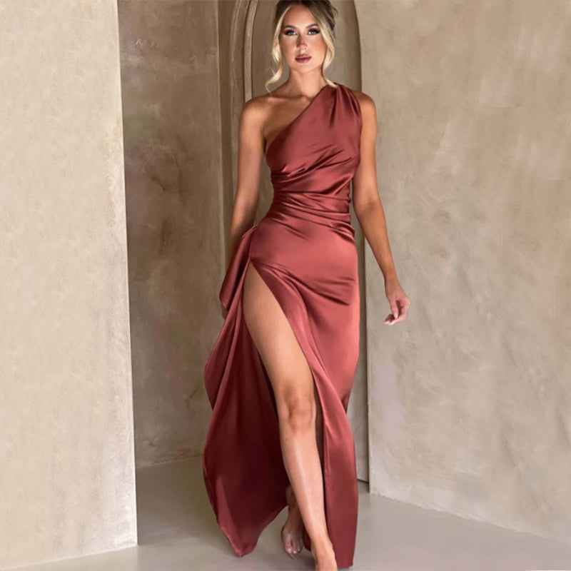 Red One-Shoulder Backless Satin Dress