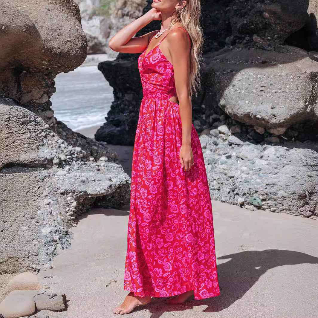 Knotted V-Neck Floral Long Dress Women's Elegant Summer Style