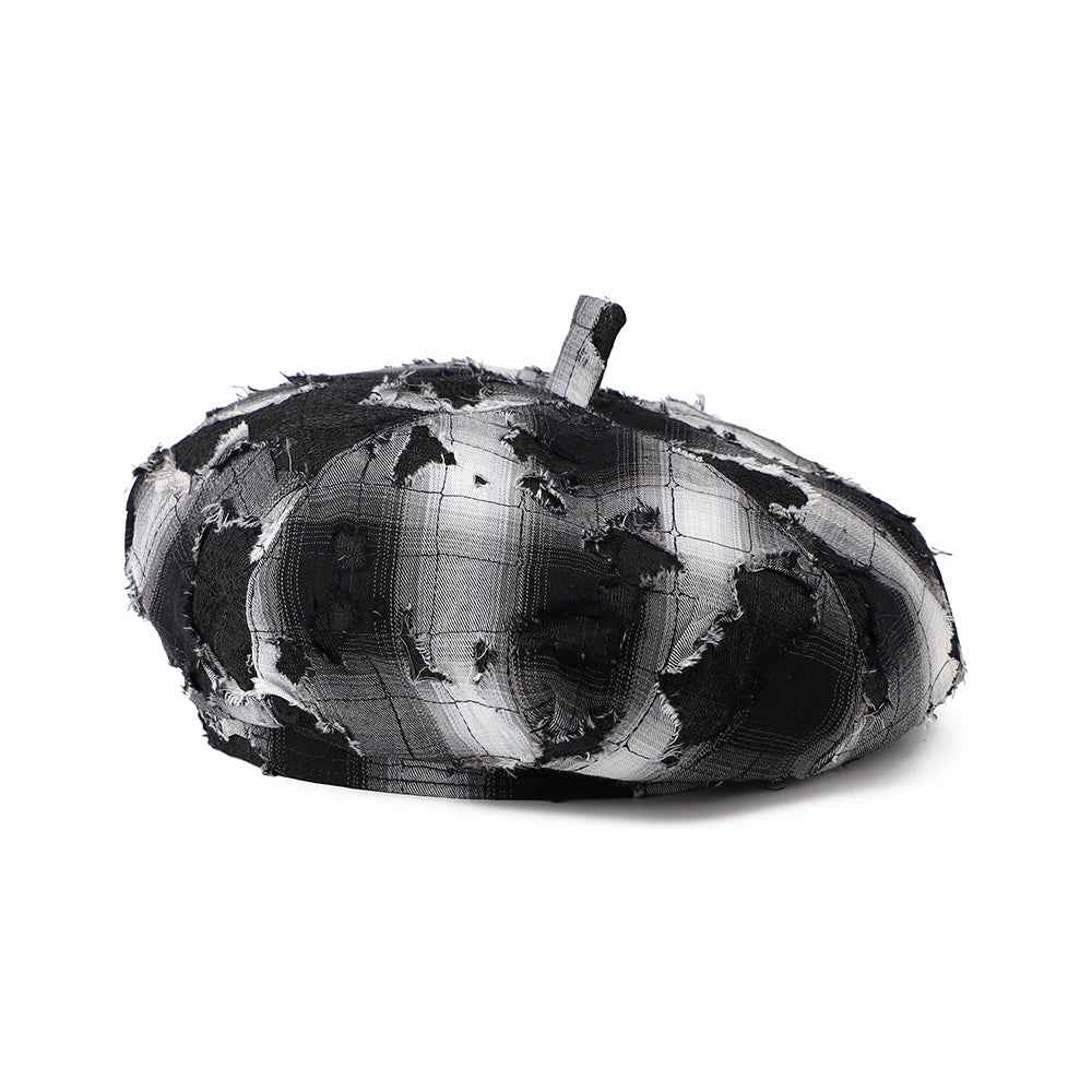 Distressed Check Beret, Retro Fringe Pattern Streetwear Hat for Casual & Girly Outfits