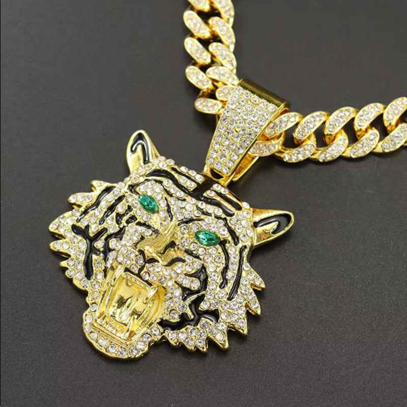 3D Diamond Tiger Head Football Pendant Necklace - Zinc Alloy Chain 13mm