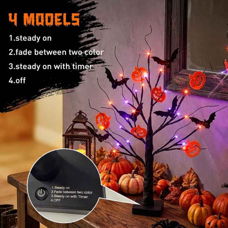 22" LED Black Tree: Orange & Purple Lights, Bats, Pumpkins, Battery Powered
