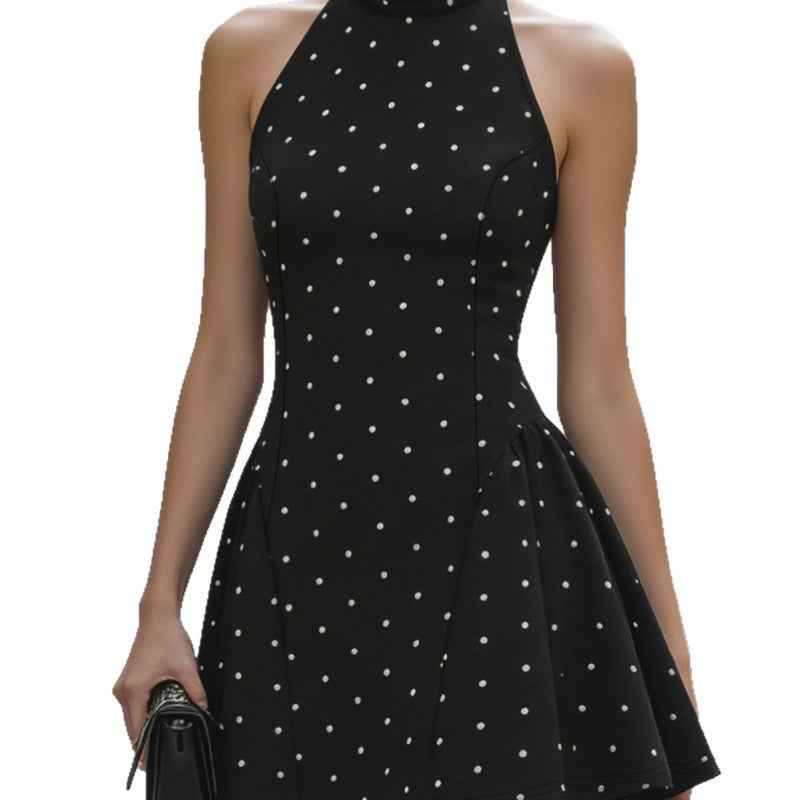 Sleeveless Polka Dot Black Dress - Cinched Waist