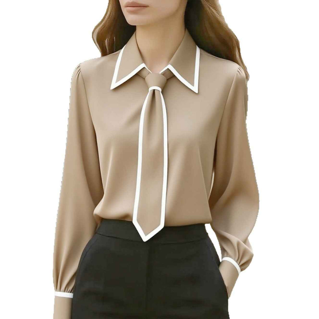 Solid Color Commute Tie Design Long Sleeve Shirt - Women's Elegant Fashion