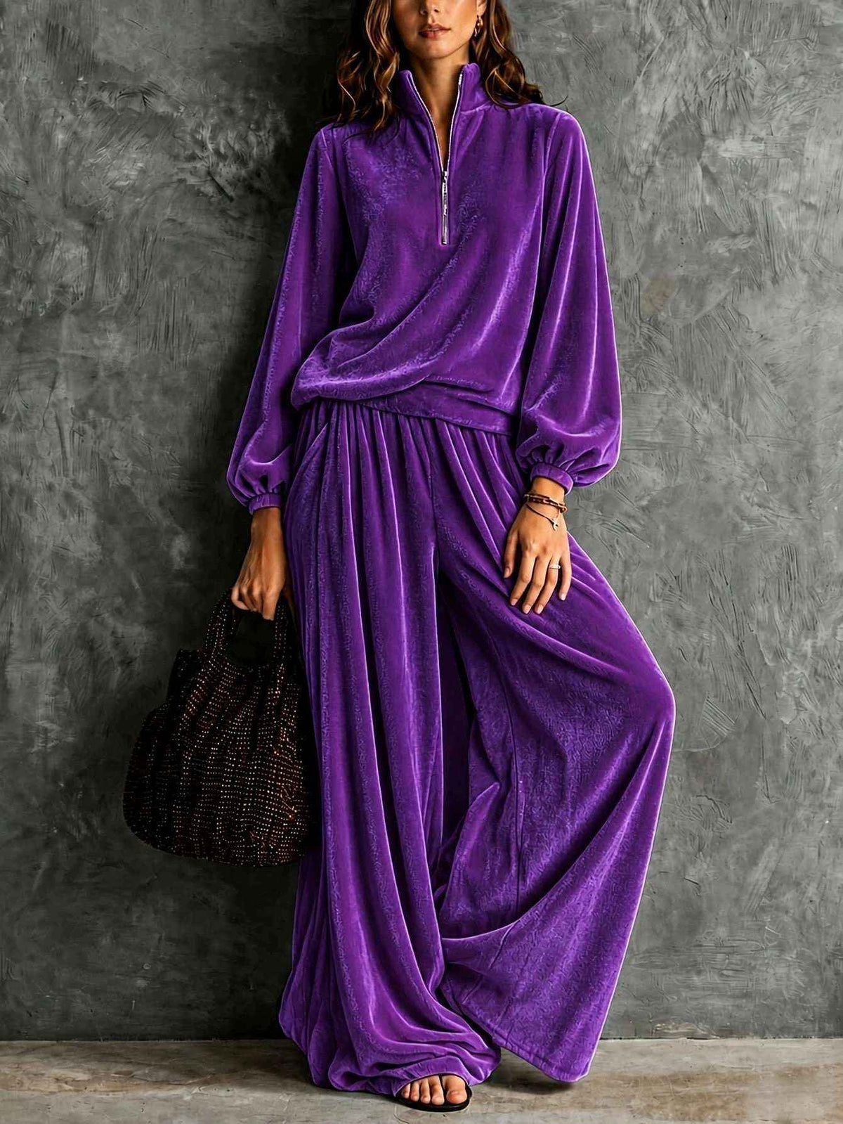Elegant Velvet Long-Sleeved Pants & Top Set for Women - Autumn Winter Fashion