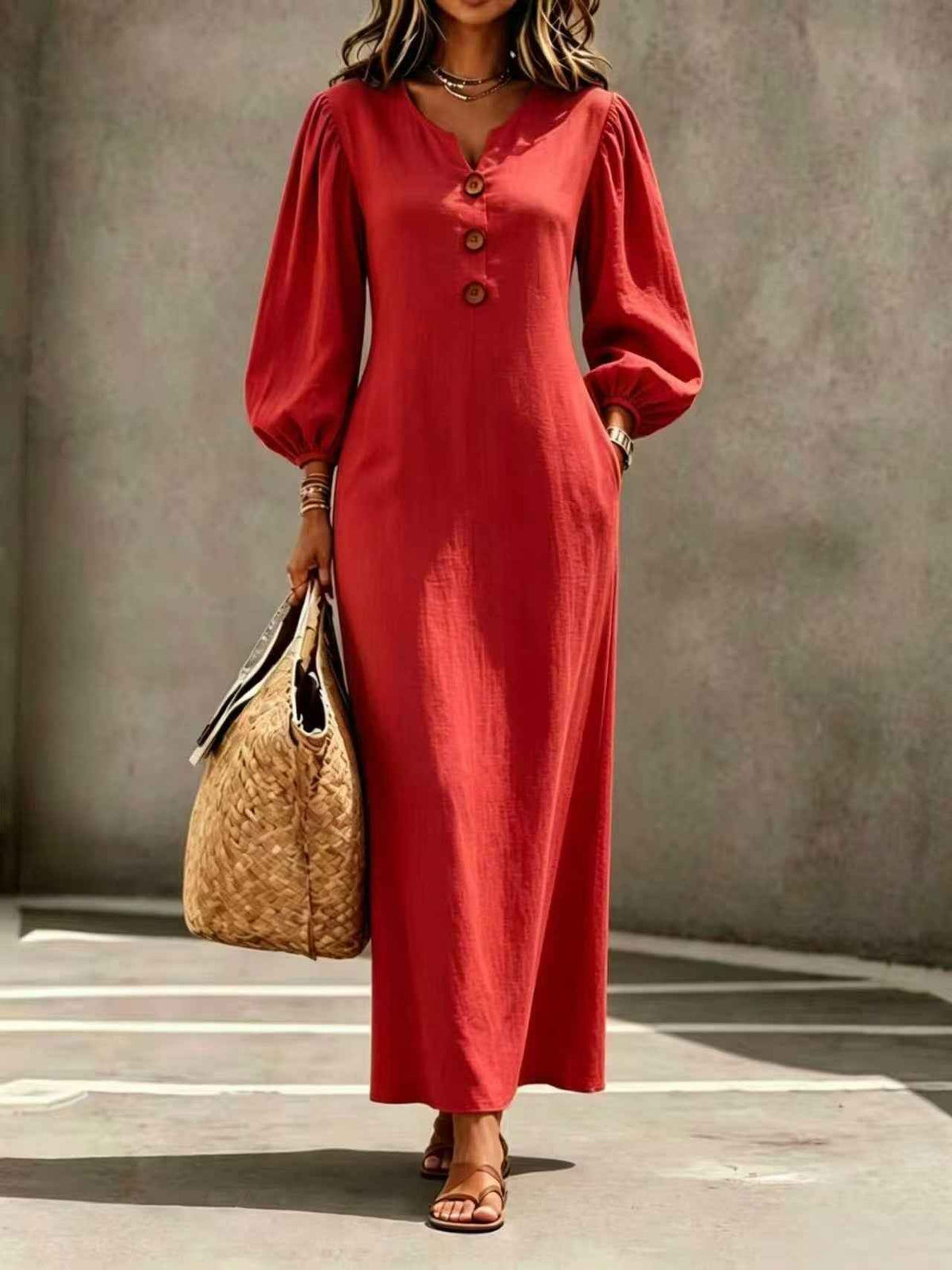 V-Neck Puff Sleeve A-Line Dress Women Long Casual Summer Autumn