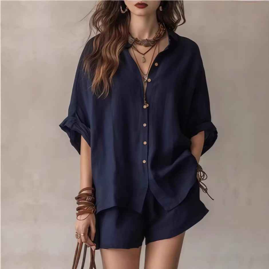 Two-Piece Set Womens Casual Summer Single-Breasted Short-Sleeved Shirt Wide-Leg Shorts For Daily Wear Work Holiday Outfits