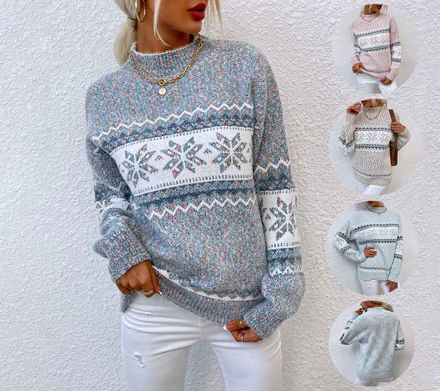 Women's Winter Snowflake Turtleneck Pullover Knit Top, Comfortable & Stylish Winter Sweater