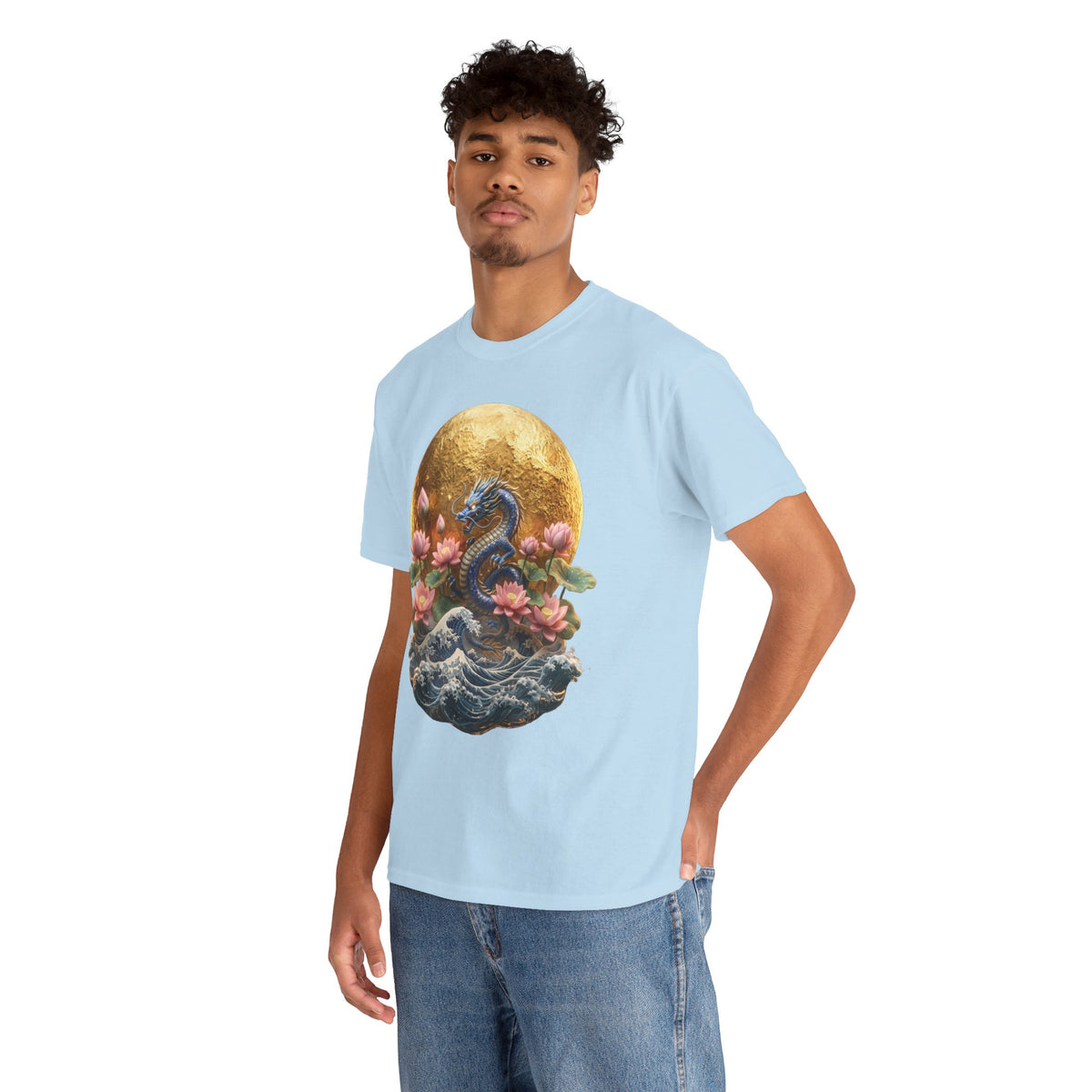 Japanese Dragon & Lotus Moon Graphic Tee - Heavy Cotton Streetwear