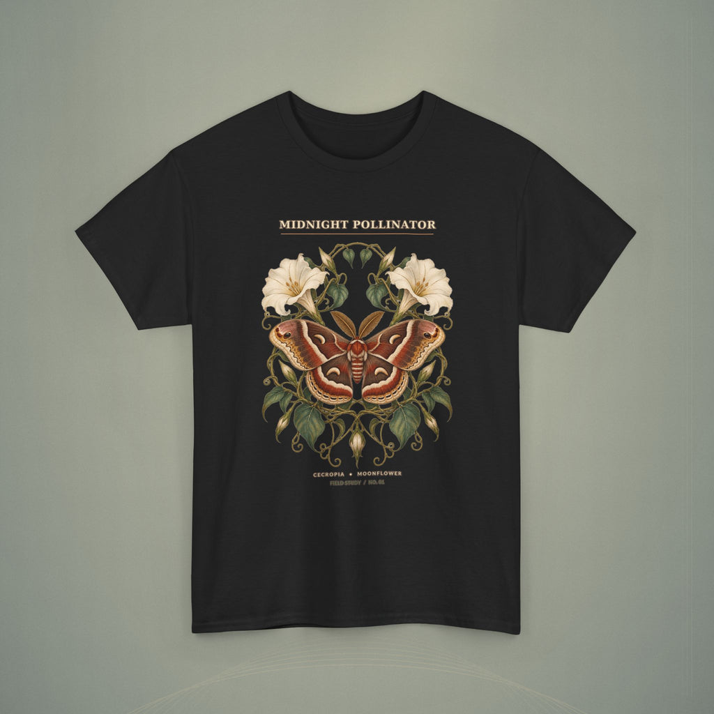 Midnight Pollinator Cecropia Moth & Moonflower Graphic Tee | Vintage Botanical Night Garden Shirt