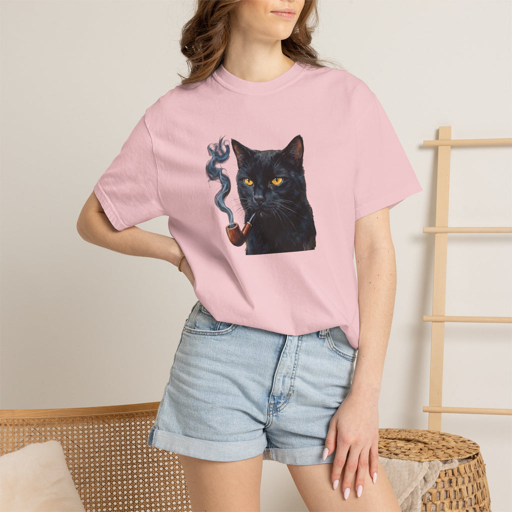 Smoking Cat Graphic T-Shirt — Vintage Noir Cat with Pipe Tee