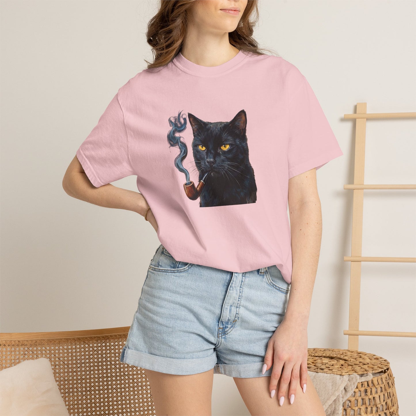 Smoking Cat Graphic T-Shirt — Retro Black Cat with Pipe Tee