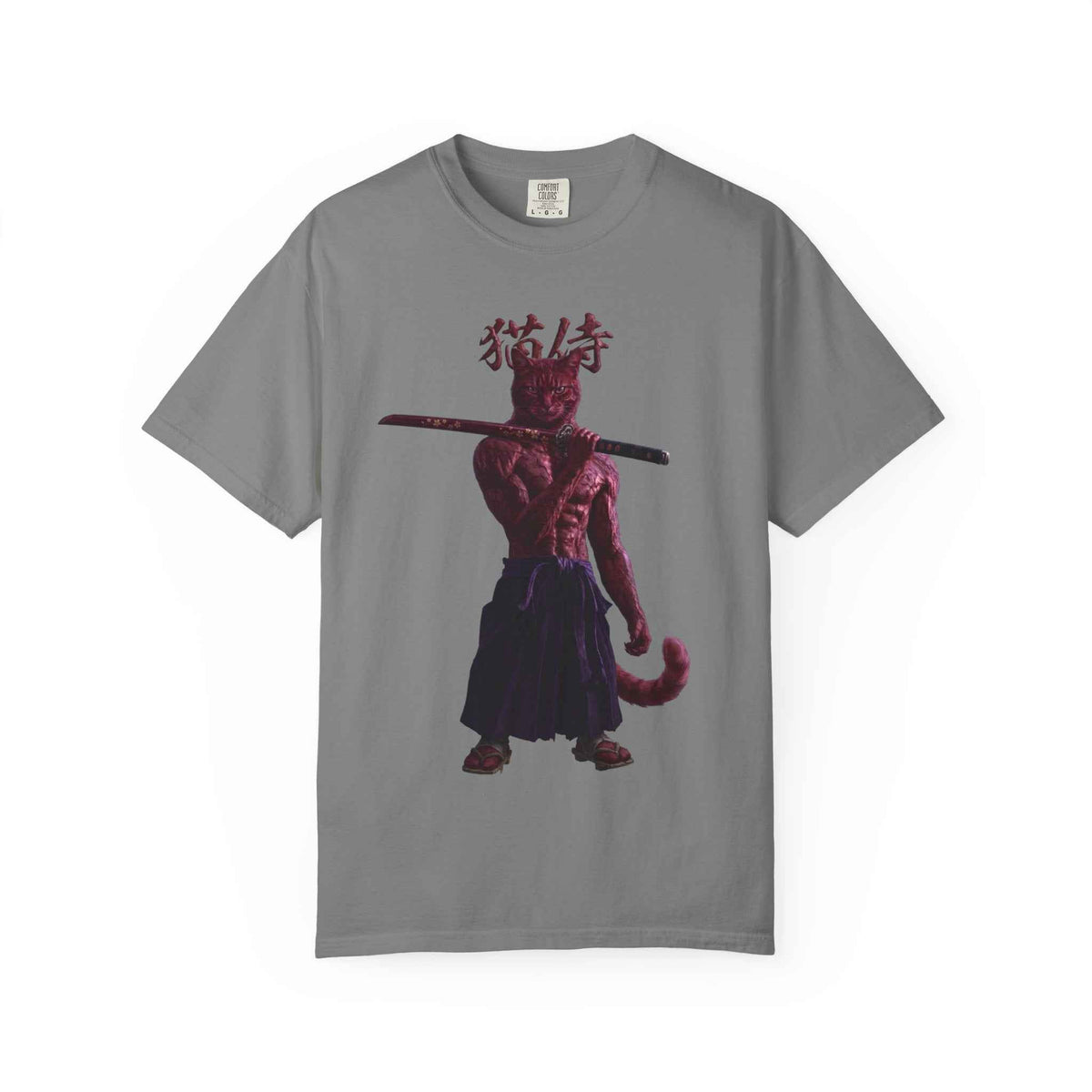 Heavyweight Vintage Red Samurai Cat Tee - Boxy Graphic Tee for Dark Aesthetic Fans