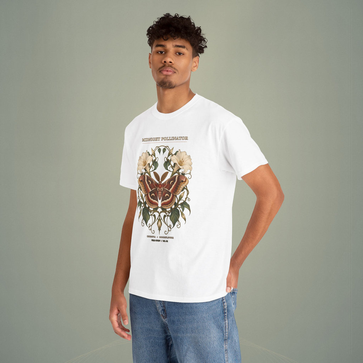 Midnight Pollinator Cecropia Moth & Moonflower Graphic Tee | Vintage Botanical Night Garden Shirt