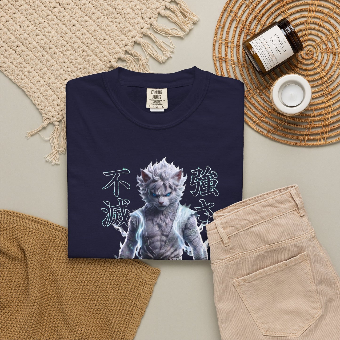 Y2K Cyberpunk Graphic Tee White Silver Cat Warrior Unisex Harajuku Style Streetwear Comfort Colors 1717 T-Shirt