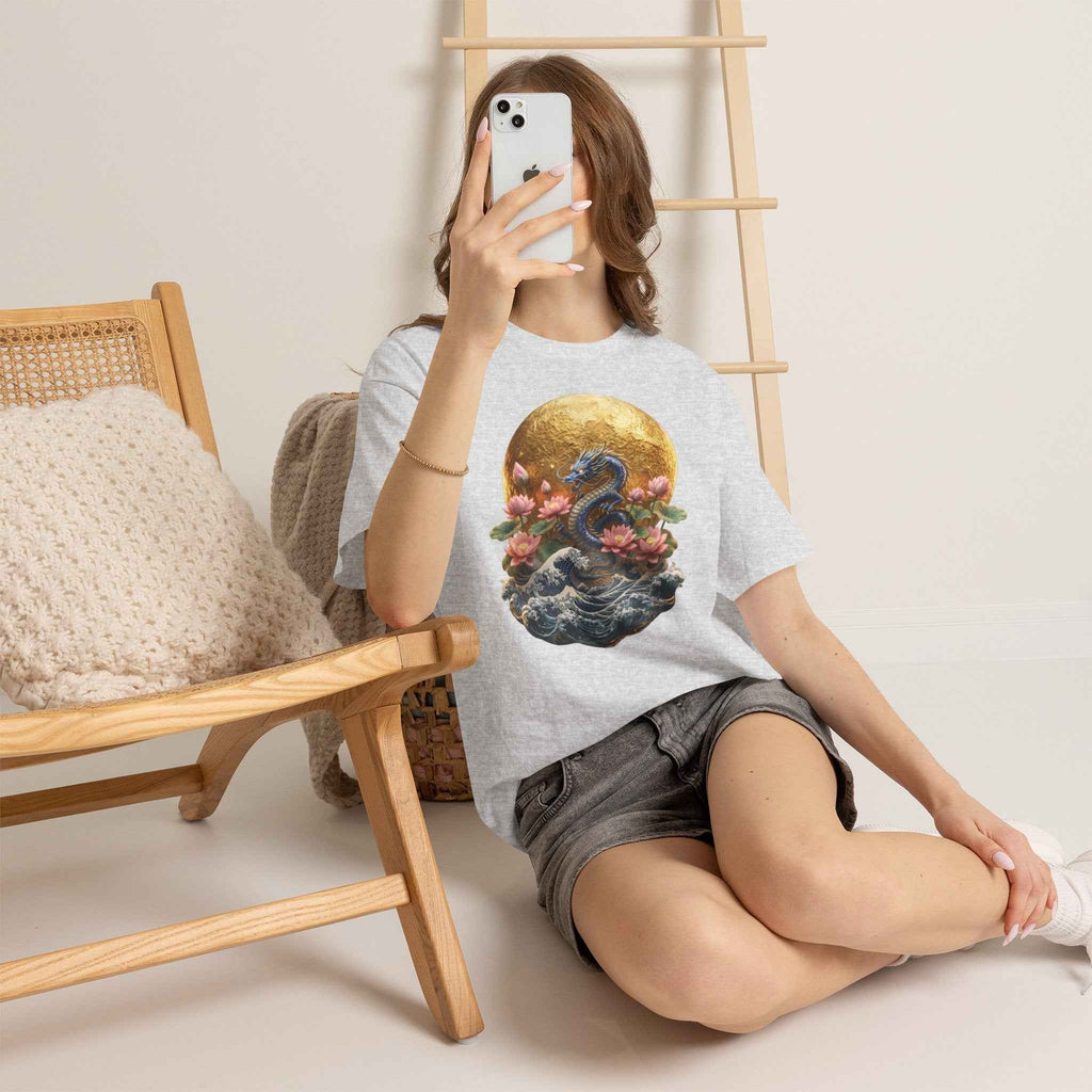 Japanese Dragon & Lotus Moon Graphic Tee - Heavy Cotton Streetwear