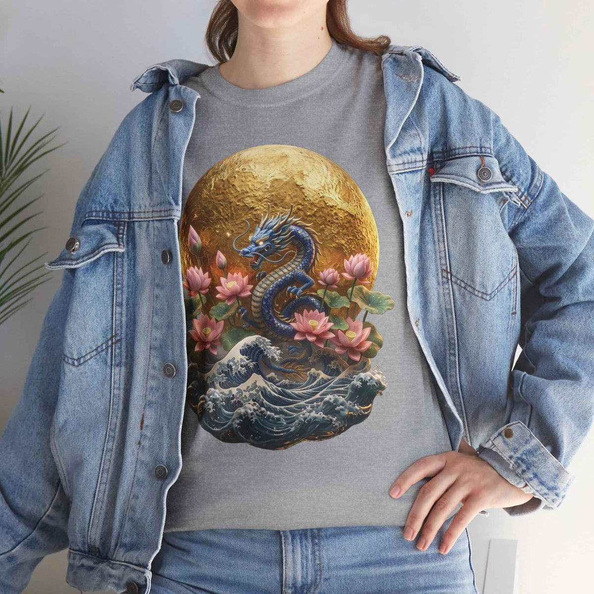 Japanese Dragon & Lotus Moon Graphic Tee - Heavy Cotton Streetwear
