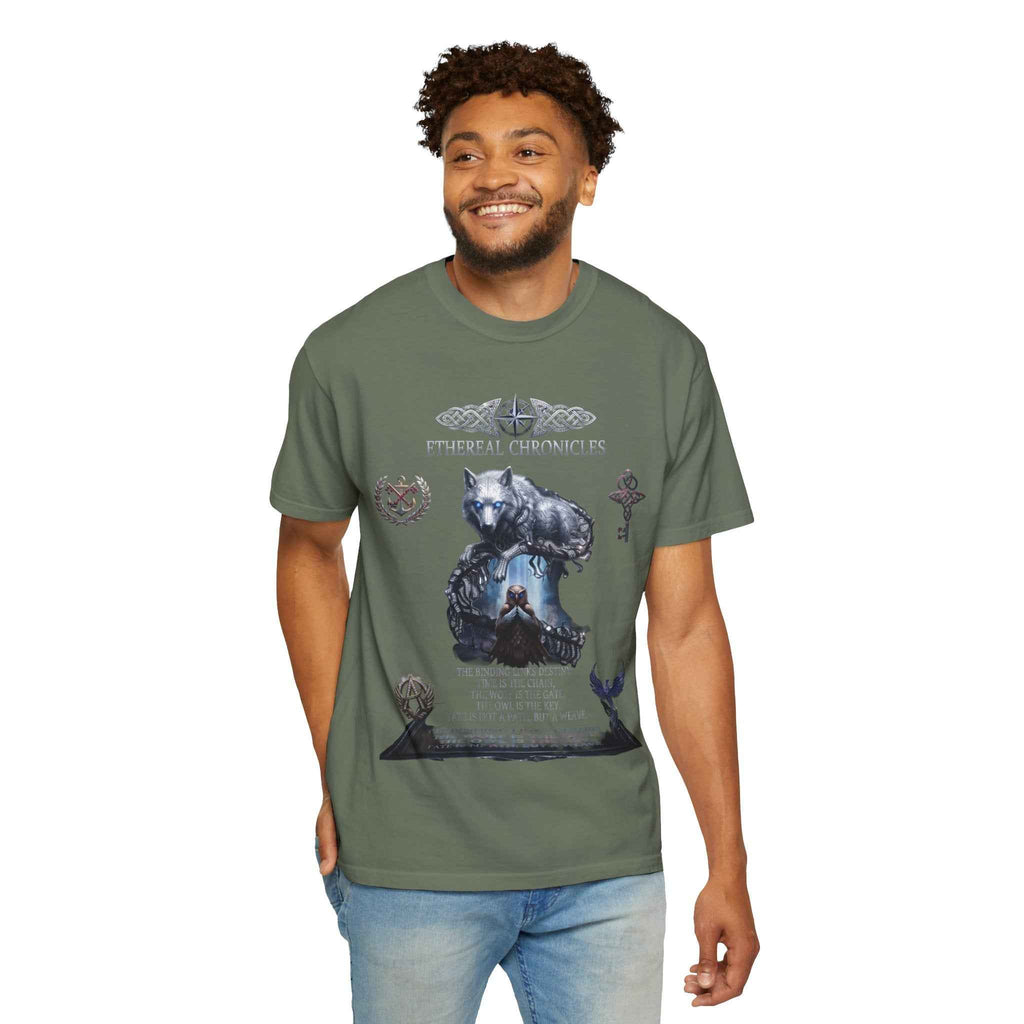 Mythical Wolf & Celestial Owl Graphic Tee, Dark Gothic Heavyweight Unisex