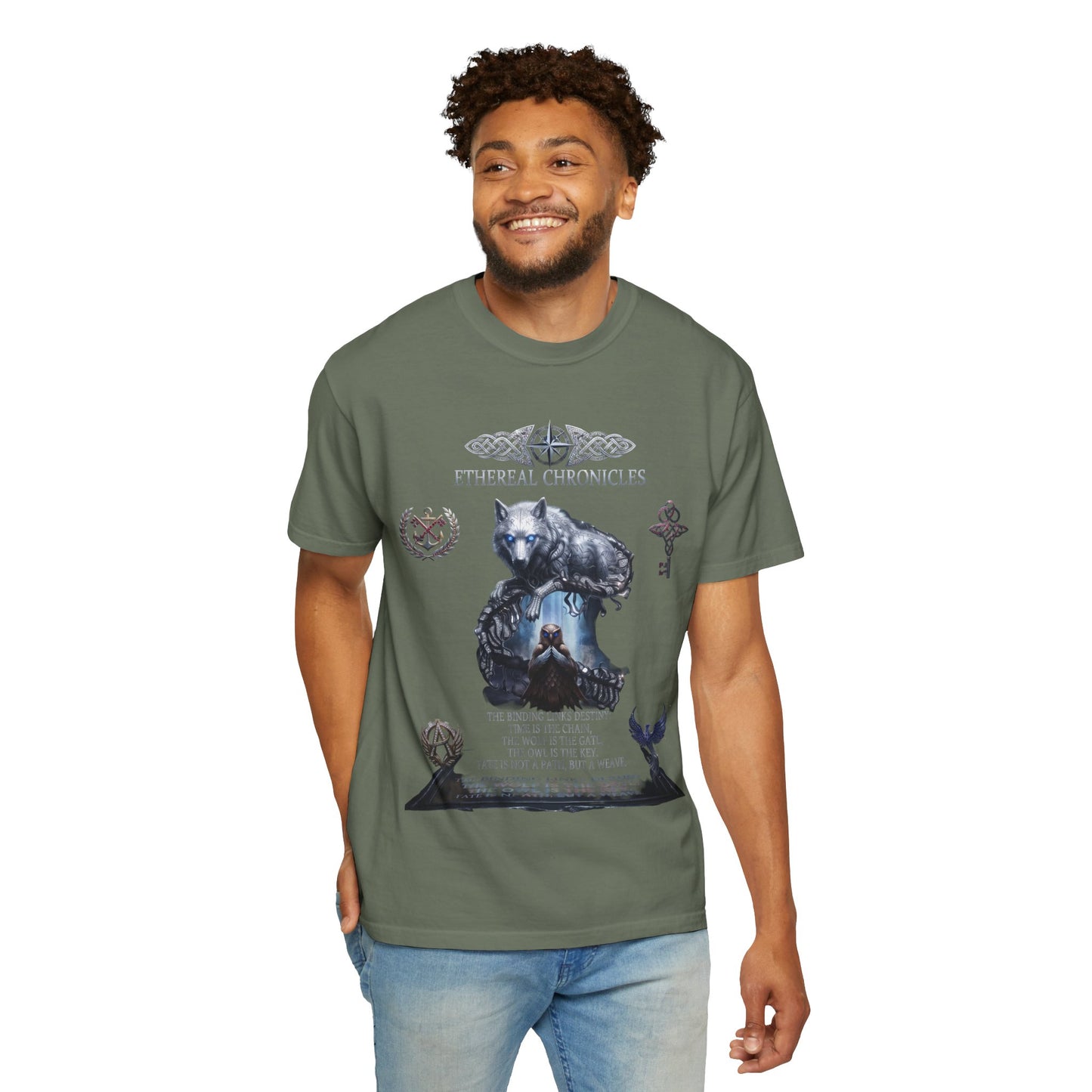 Ethereal Chronicles Graphic Tee | Mythical Wolf & Celestial Owl Shirts for Men & Women | Dark Fantasy Gothic Aesthetics Heavyweight Comfort Colors 1717 T-Shirt