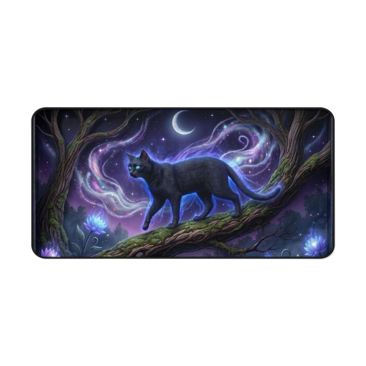 Glowing Black Cat Desk Mat - Dark Academia Gaming Keyboard Mat