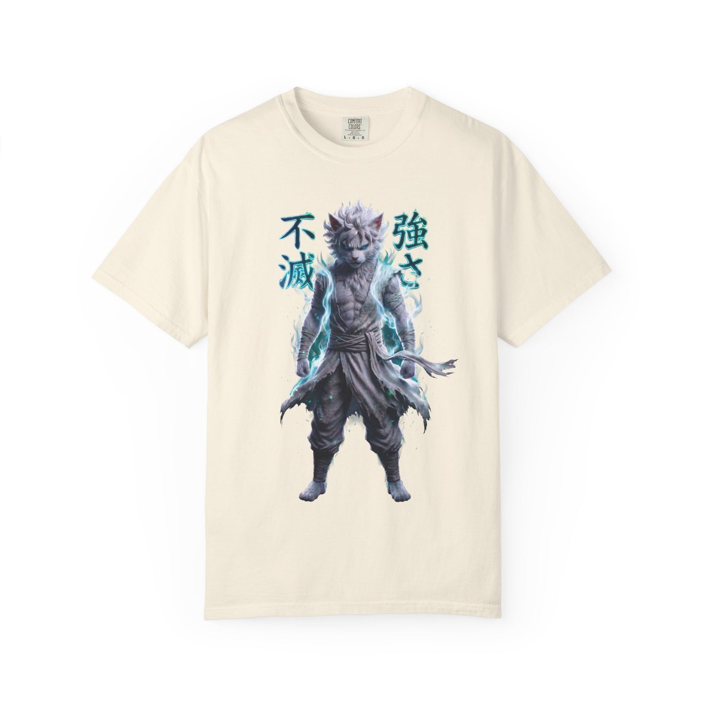 Y2K Cyberpunk Graphic Tee White Silver Cat Warrior Unisex Harajuku Style Streetwear Comfort Colors 1717 T-Shirt