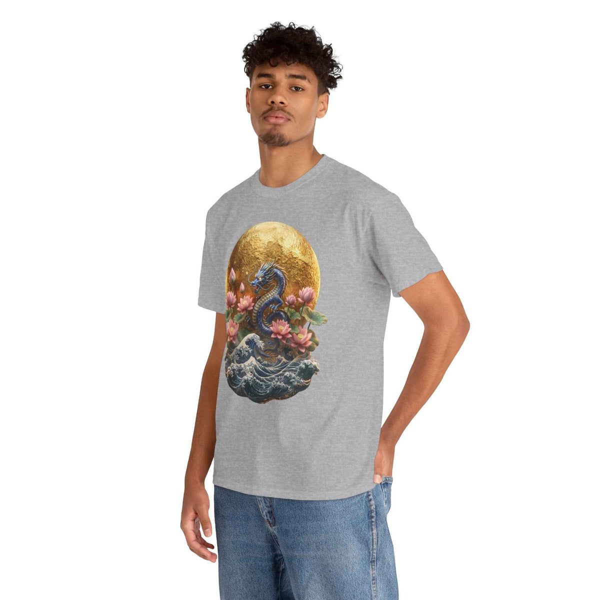 Japanese Dragon & Lotus Moon Graphic Tee - Heavy Cotton Streetwear