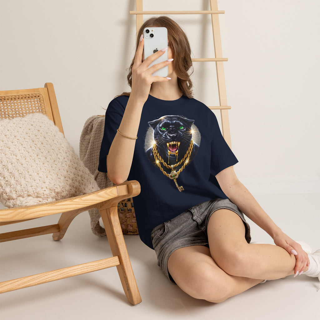 Luxury Black Panther Graphic Tee with Gold Chains & Key
