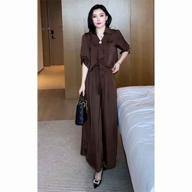Chic 3D Effect Chiffon Top & Wide-Leg Pants Set - Urban Elegance