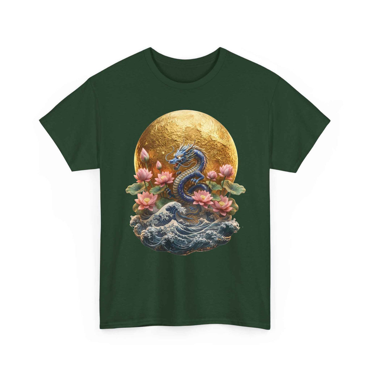 Japanese Dragon & Lotus Moon Graphic Tee - Heavy Cotton Streetwear