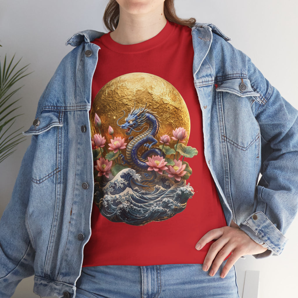 Japanese Dragon & Lotus Moon Graphic Tee - Heavy Cotton Streetwear