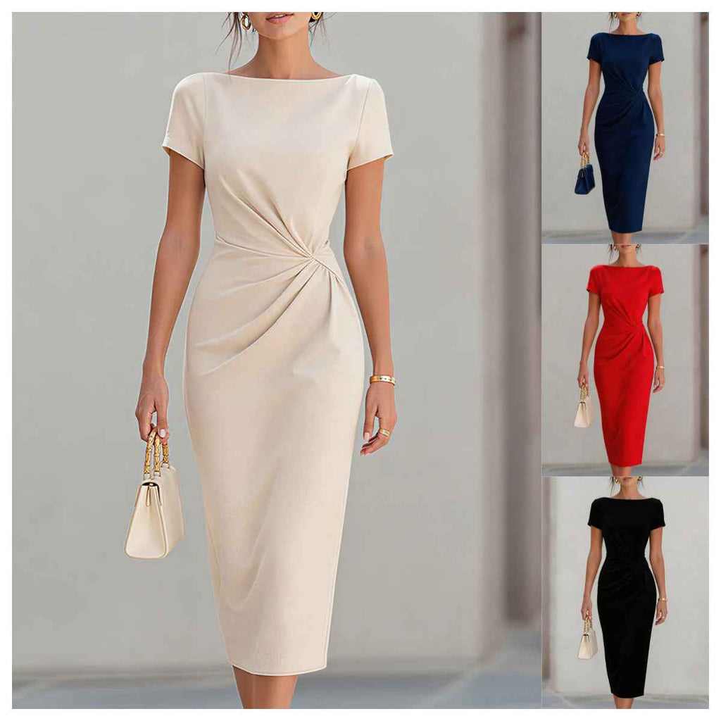 Fitted Waist Pleated Midi Dress for Women, Slim Fit Style